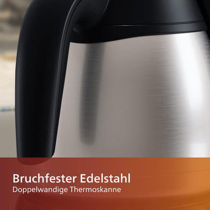 Philips Café Gaia Filterkaffeemaschine – Edelstahl-Thermoskanne, Tropf-Stopp, Intensives Aroma, Automatische Abschaltung, 1.300 ml, Schwarz (HD7546/20)