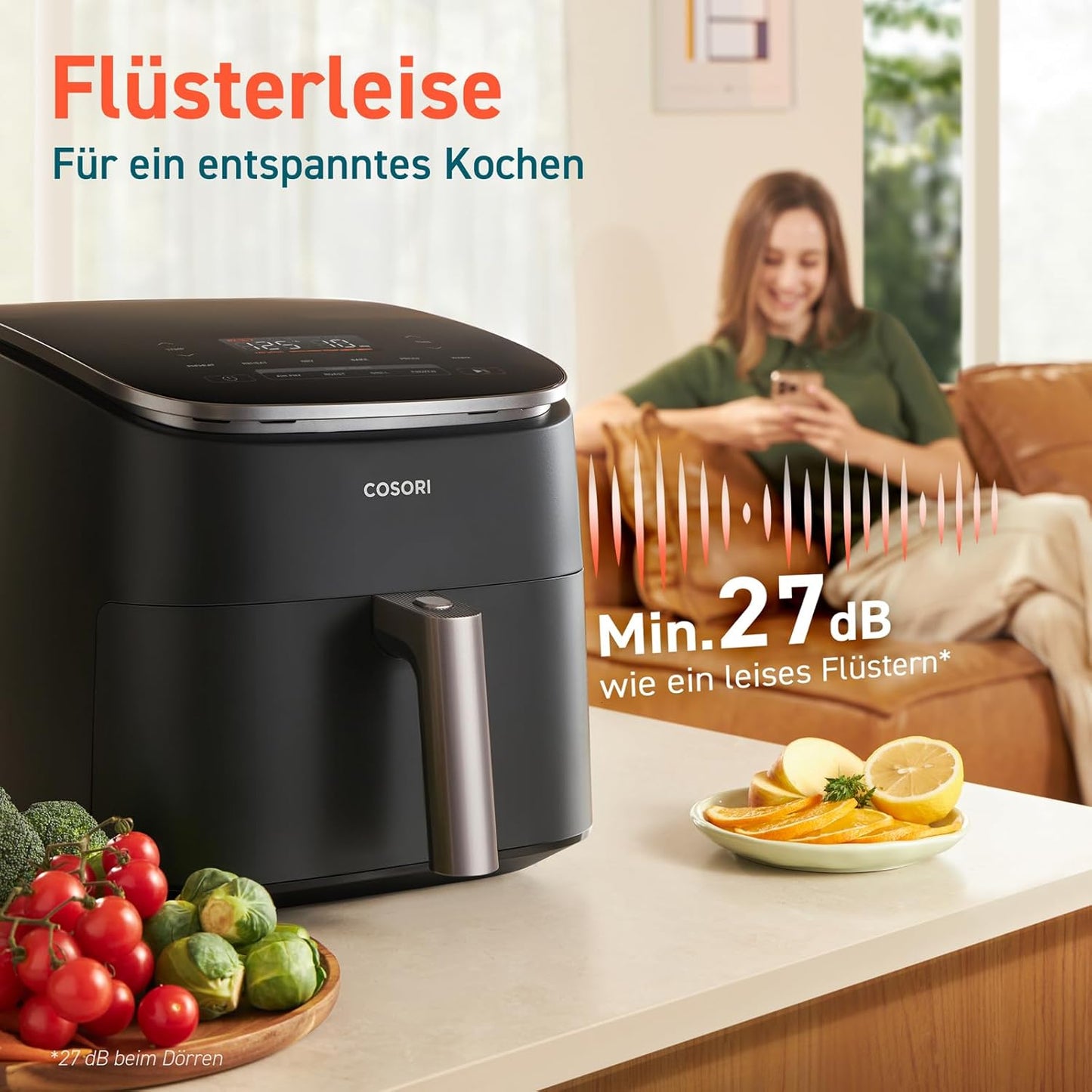 Cosori Turboblaze Airfryer Heißluftfritteuse, 9-in-1 Air Fryer XXL 6L, leiser DC Motor mit 5 Geschwindigkeitsstufen, Grillen, Backen, Gären, Dehydrieren, Tiefkühlen, 87 Rezepte, 64% energiesparend