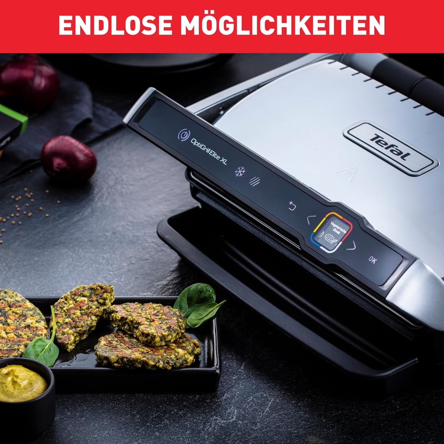 Tefal OptiGrill Elite XL Kontaktgrill, 16 Programme, Digitales Display mit Garstufenanzeige, abnehmbare XL-Platten, Grillboost-Funktion, intuitive Bedienung, Elektrogrill, Edelstahl, GC760D12