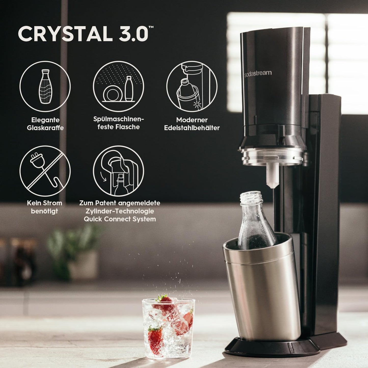 SodaStream Wassersprudler CRYSTAL 3.0 mit Quick-Connect CO2-Zylinder| inkl. 2x 0,8L CRYSTAL Glasflasche | Farbe: Titan