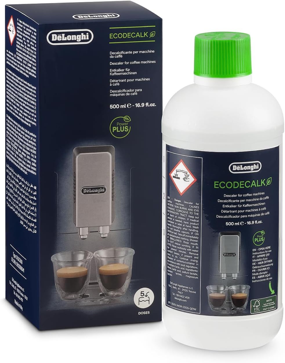 De'Longhi EcoDecalk Entkalker DLSC500, 5 Entkalkungs Dosen, Kaffee Maschinen Entkalker, Kaffee Maschinen Wartungs Zubehör, Pflanzliche Inhaltsstoffe, Flasche mit 5 Dosen, 500ml