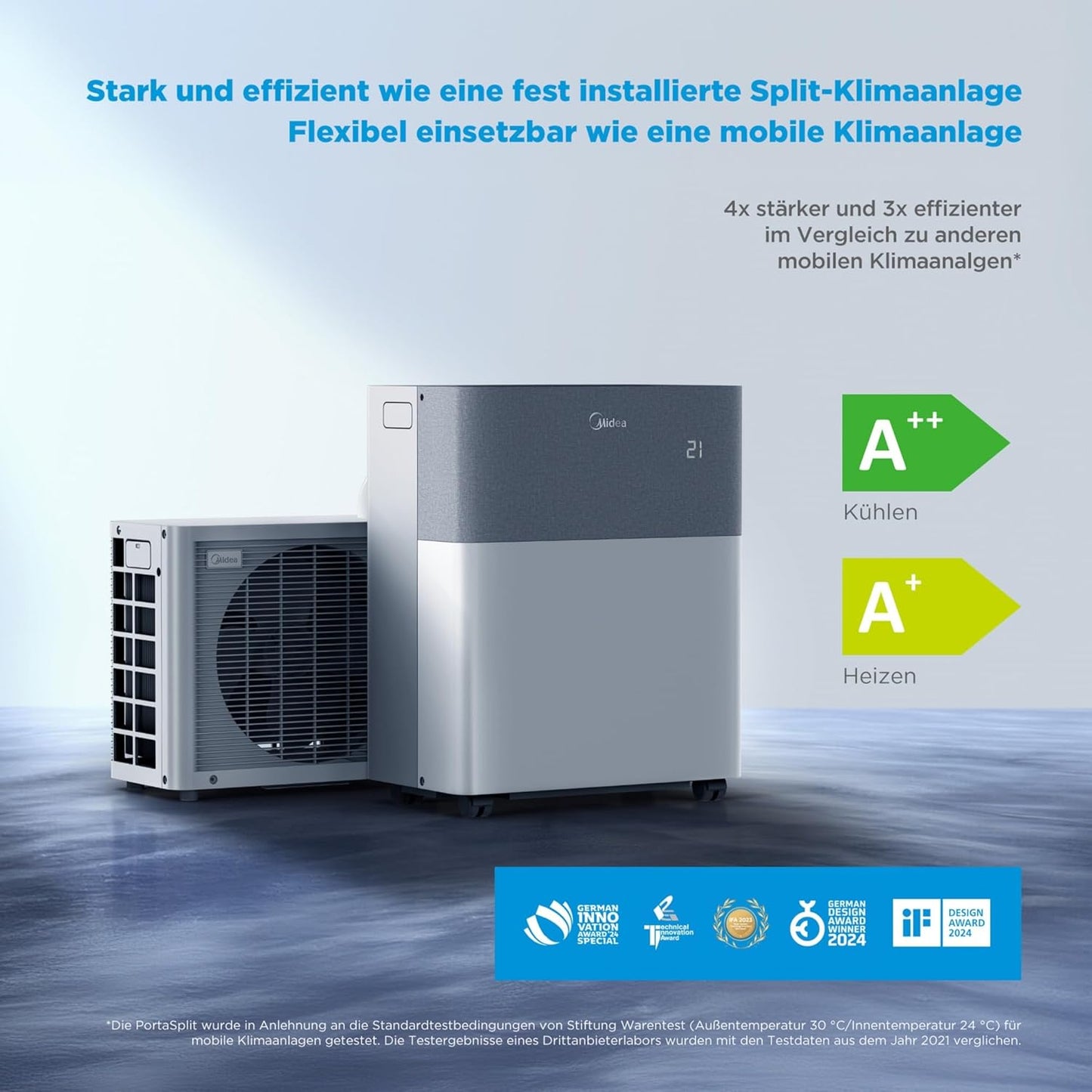 Midea Portasplit Klimaanlage, Mobile Wärmepumpe, Kühlen A++/Heizen A+, 12000 BTU 3, 5kW, für Räume bis zu 42 m² / 105 m³, nur 39 dB(A) im Silent-Modus