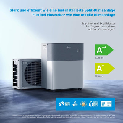 Midea Portasplit Klimaanlage, Mobile Wärmepumpe, Kühlen A++/Heizen A+, 12000 BTU 3, 5kW, für Räume bis zu 42 m² / 105 m³, nur 39 dB(A) im Silent-Modus