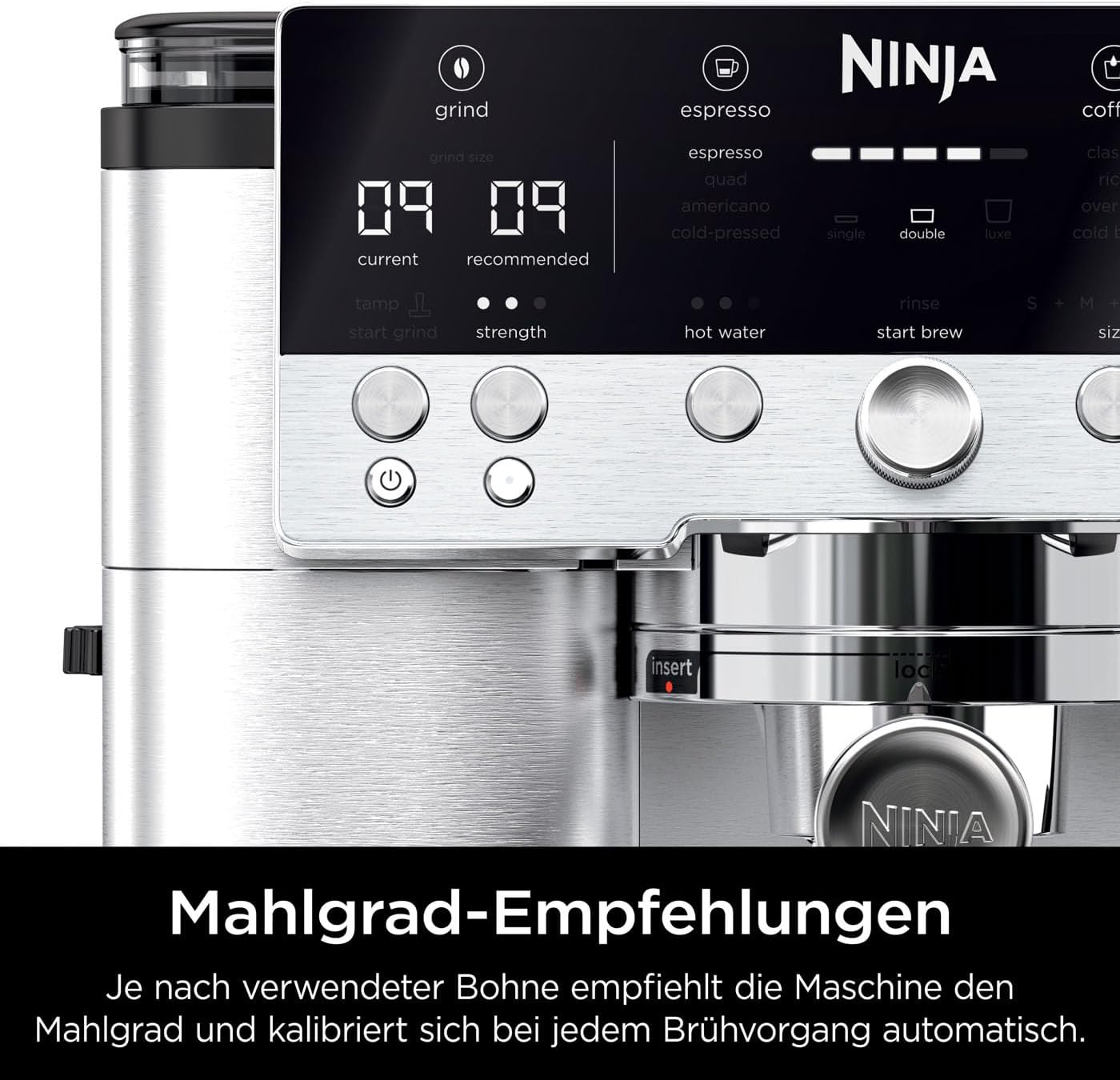 Ninja Luxe Premier 3-in-1-Kaffeemaschine mit Mahlwerk und Aufschäumer für Latte, Cappuccino, Cold Brew & Espresso, einfache Handhabung, 4 Voreinstellungen zum Aufschäumen, Silber, ES601EU