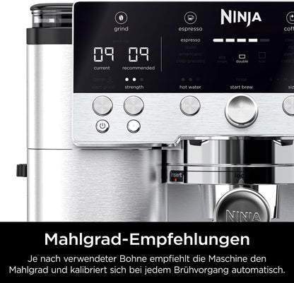 Ninja Luxe Premier 3-in-1-Kaffeemaschine mit Mahlwerk und Aufschäumer für Latte, Cappuccino, Cold Brew & Espresso, einfache Handhabung, 4 Voreinstellungen zum Aufschäumen, Silber, ES601EU