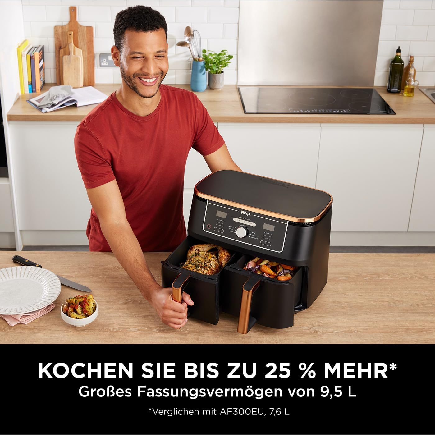 Ninja Foodi MAX Dual Zone Heißluftfritteuse, 9,5L Airfryer, 2 Fächer, mit Zange, Antihaftbeschichtung, spülmaschinenfeste Körbe, 6-in-1, Amazon Exklusiv, Kupfer/Schwarz, AF400EUCP