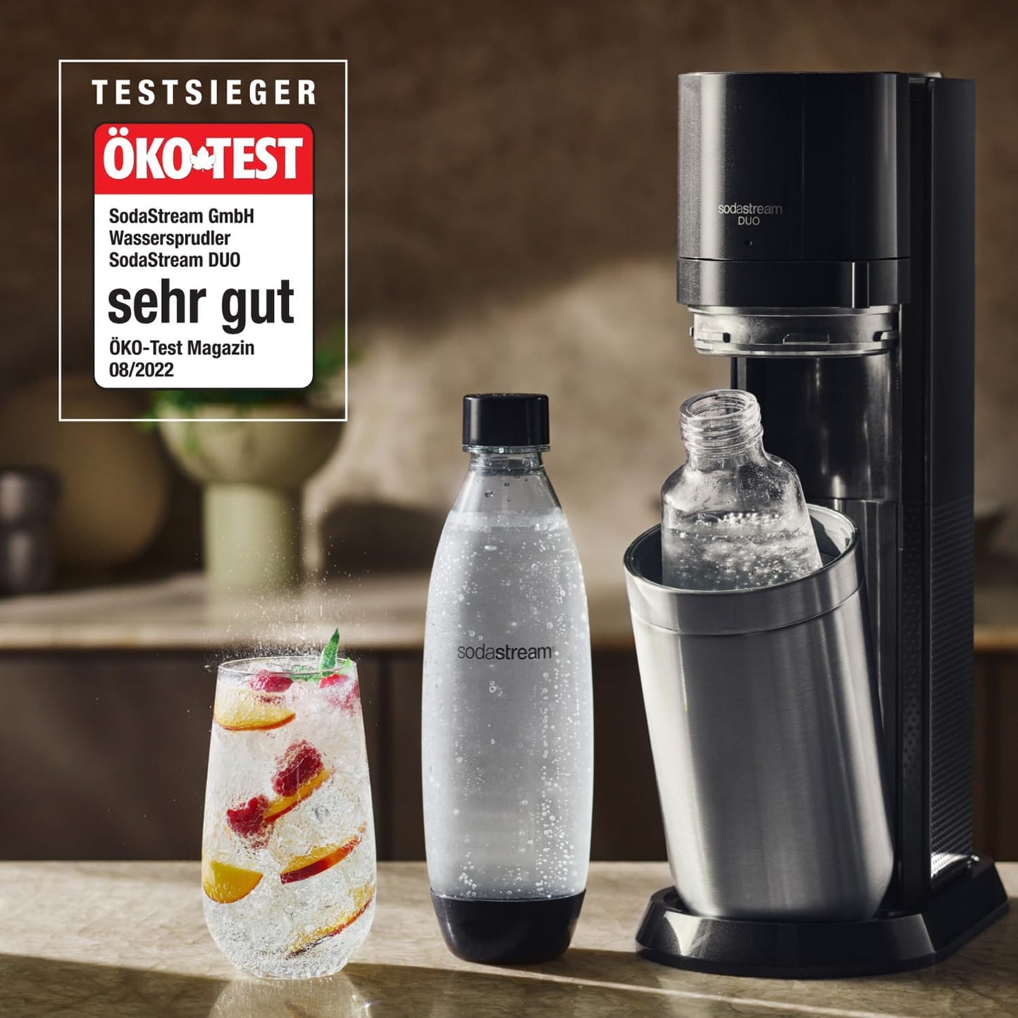 SodaStream Wassersprudler DUO mit Quick-Connect CO2-Zylinder| inkl. 2x 1L Glasflasche und 2x 1L FUSE Kunststoffflasche (spülmaschinengeeignet) | Farbe: Titan