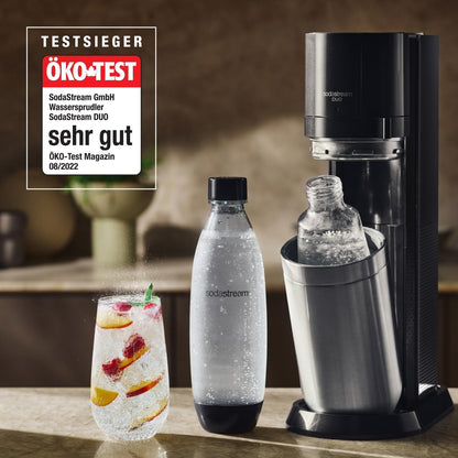 SodaStream Wassersprudler DUO mit Quick-Connect CO2-Zylinder| inkl. 2x 1L Glasflasche und 2x 1L FUSE Kunststoffflasche (spülmaschinengeeignet) | Farbe: Titan