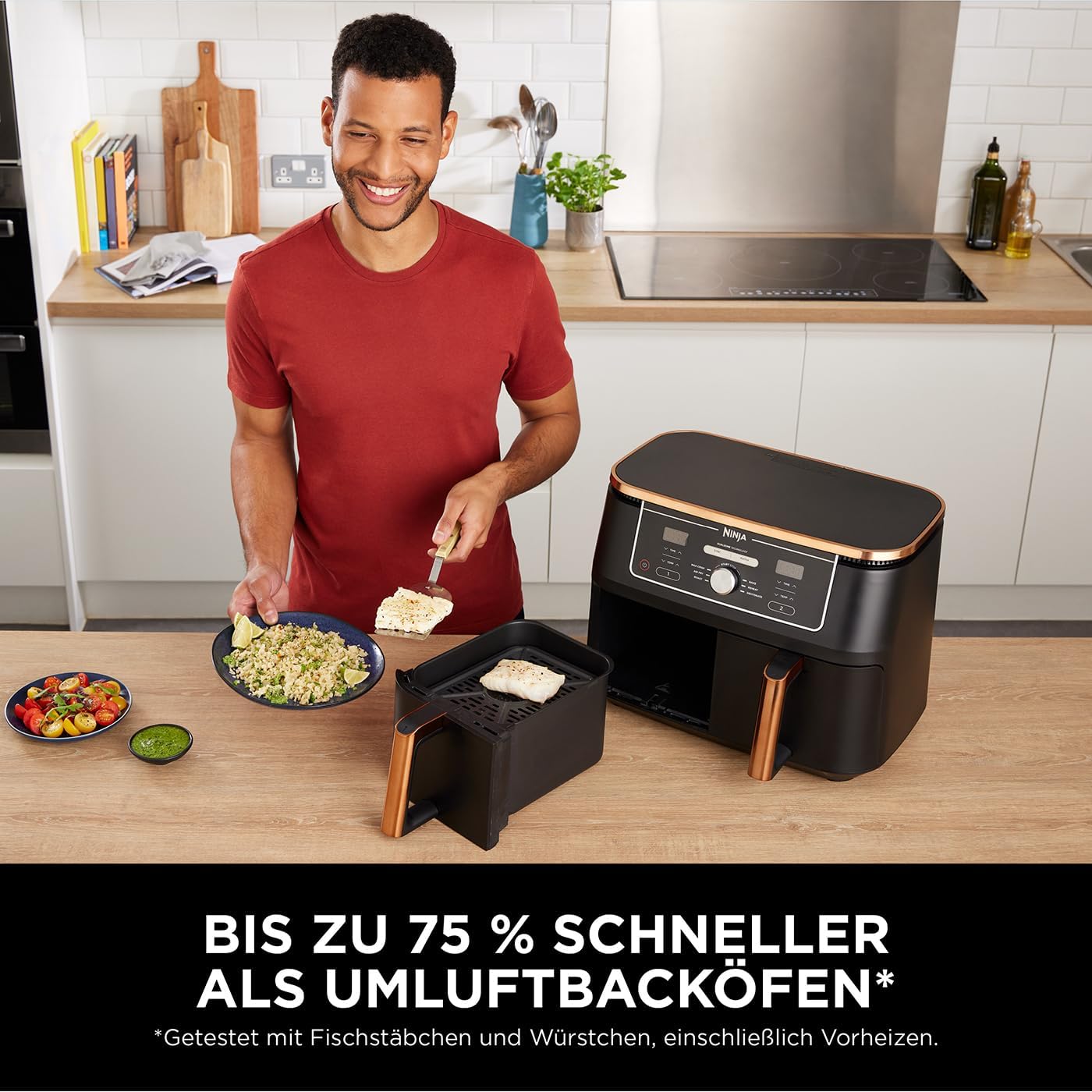 Ninja Foodi MAX Dual Zone Heißluftfritteuse, 9,5L Airfryer, 2 Fächer, mit Zange, Antihaftbeschichtung, spülmaschinenfeste Körbe, 6-in-1, Amazon Exklusiv, Kupfer/Schwarz, AF400EUCP
