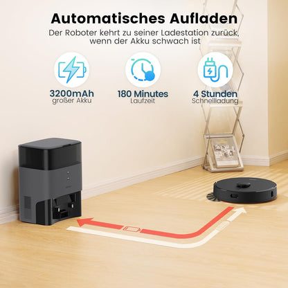 AIRROBO T20+ Saugroboter mit Wischfunktion, 3.5L Staubsauger Roboter mit Absaugstation, 180Min Laufzeit, LiDAR Navigation, Starke Saugkraft ideal für Teppich und Tierhaare, APP Steuerung