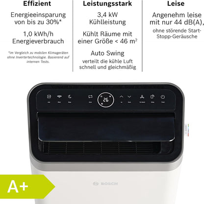 Bosch Cool 5000 Mobiles Klimagerät - 3-in-1 Klimaanlage, Luftentfeuchter, Ventilator - 3,4 kW für Räume bis zu 46 m² - Mit Auto-Modus, Silent-Modus & Sleep-Modus