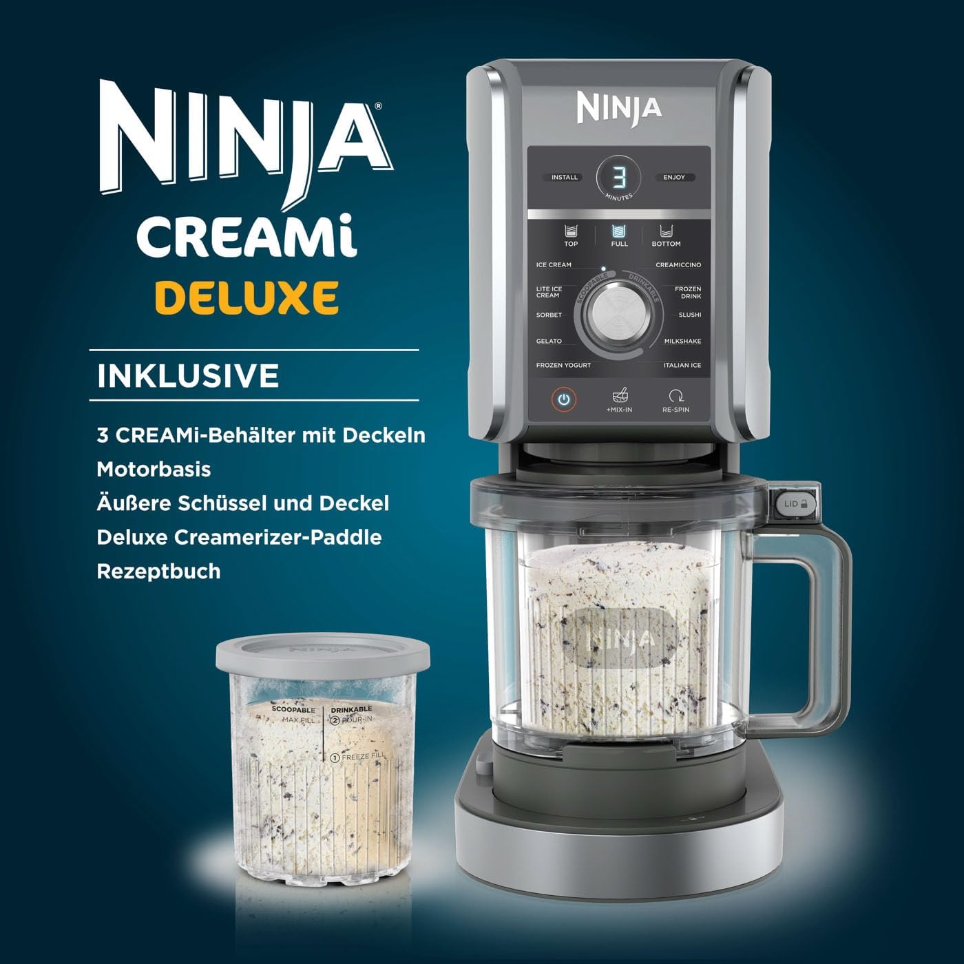 Ninja CREAMi Deluxe Eis-und Eisgetränkmaschine mit 3 Bechern, 10 Funktionen, macht Eiscreme, Gelato, Sorbet, Frozen Yoghurt, Milchshakes, Slushi & mehr, 2-in-1 Geschmacksoption, Silber, NC501EU