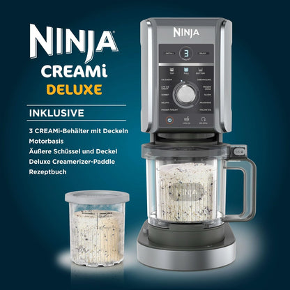 Ninja CREAMi Deluxe Eis-und Eisgetränkmaschine mit 3 Bechern, 10 Funktionen, macht Eiscreme, Gelato, Sorbet, Frozen Yoghurt, Milchshakes, Slushi & mehr, 2-in-1 Geschmacksoption, Silber, NC501EU