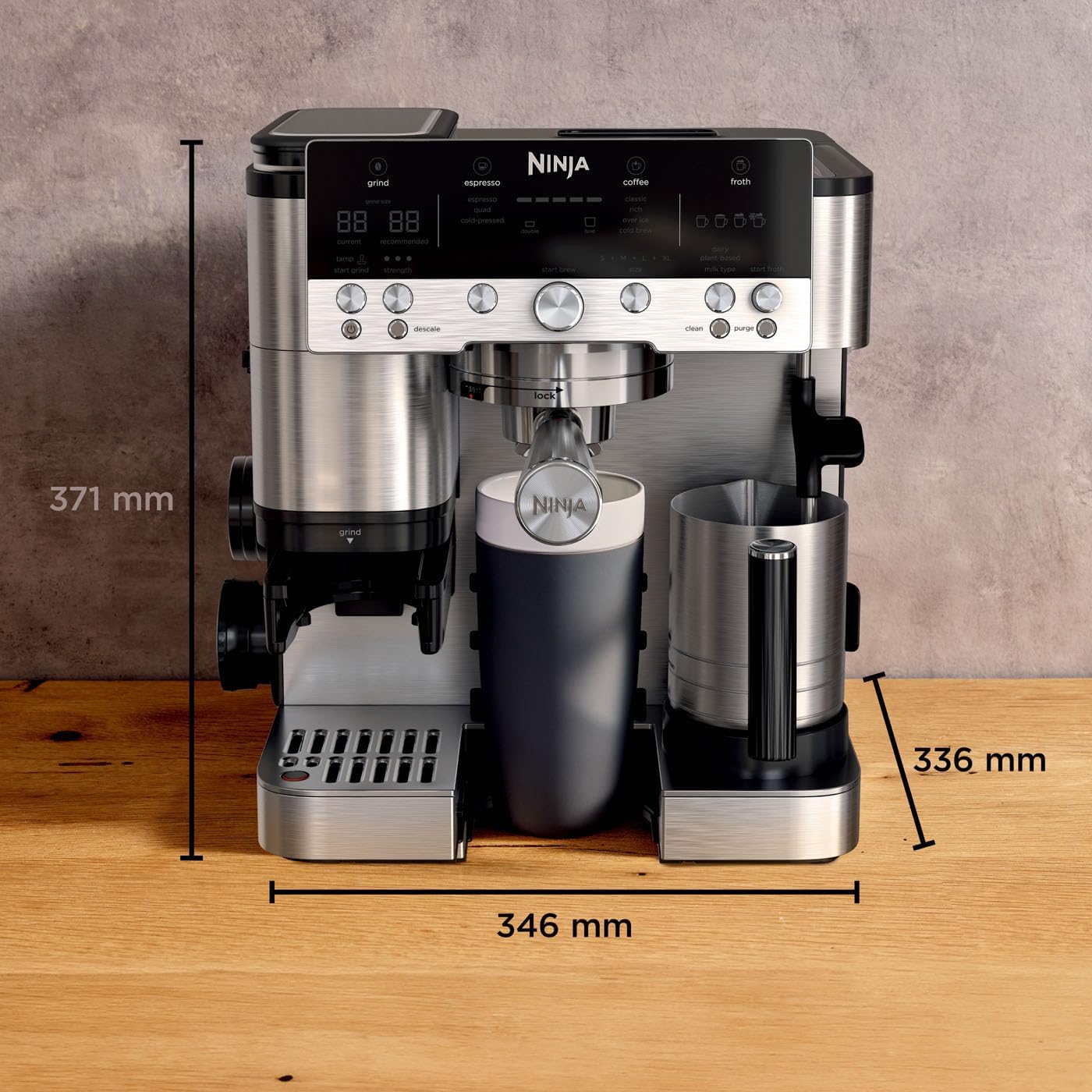 Ninja Luxe Premier 3-in-1-Kaffeemaschine mit Mahlwerk und Aufschäumer für Latte, Cappuccino, Cold Brew & Espresso, einfache Handhabung, 4 Voreinstellungen zum Aufschäumen, Silber, ES601EU
