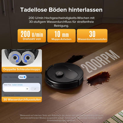 roborock QV 35S-Set Saugroboter mit Wischfunktion, 10.000 Pa HyperForce Saugkraft, Anti-Tangle-Bürsten, Anhebbare Schleudermopps, Intelligente Hindernisvermeidung, All-in-One Dock (Schwarz)
