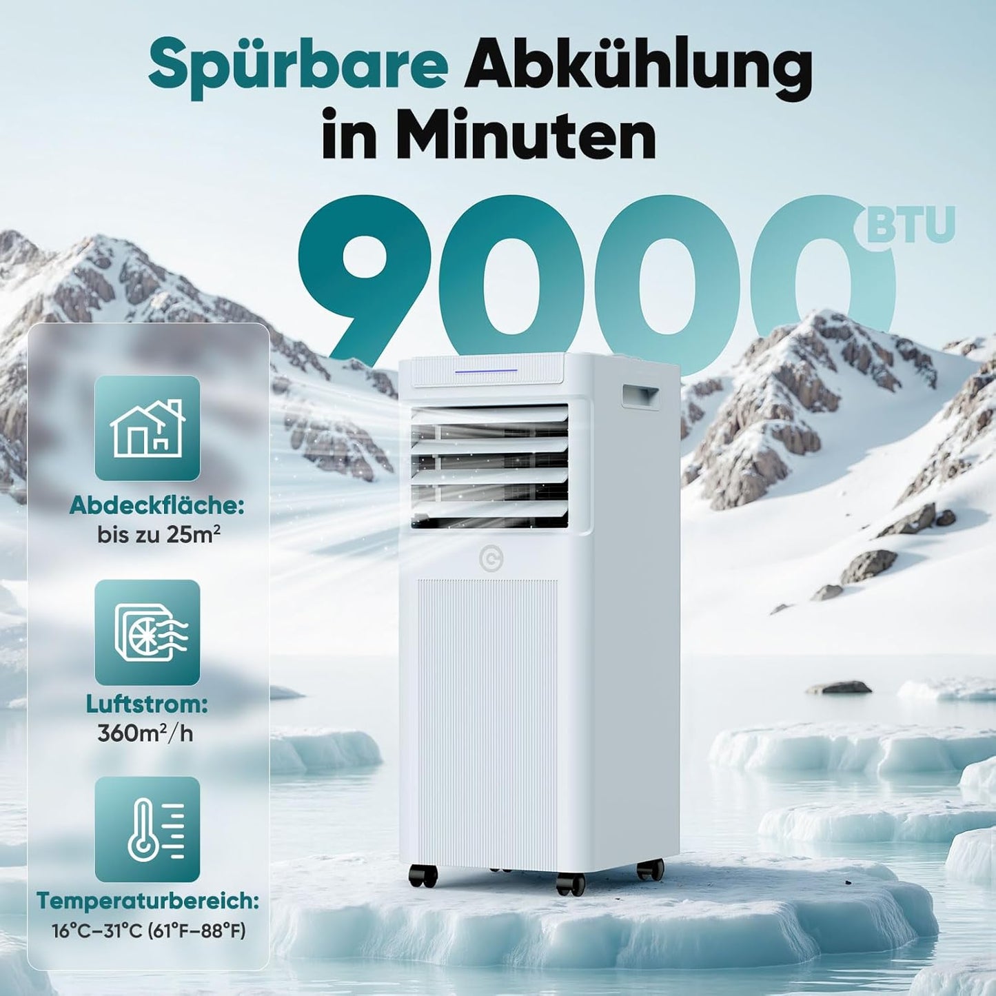 Klimaanlage Mobil 9000 BTU, 3-in-1 Mobile Klimaanlage mit Abluftschlauch,Kühlen,Entfeuchten, Luftzirkulation, LED Display&Fernbedienung, 24h-Timer, Leise&Energieeffizient, Für Räume bis zu 88 m³(33㎡)
