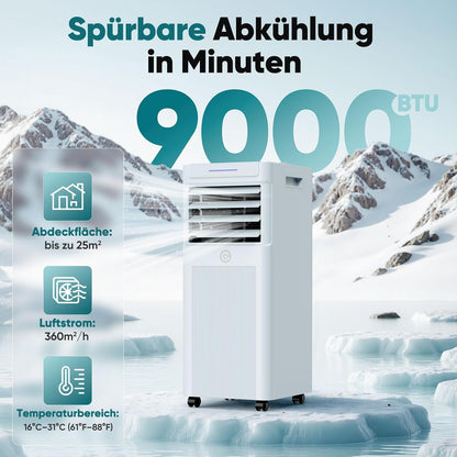 Klimaanlage Mobil 9000 BTU, 3-in-1 Mobile Klimaanlage mit Abluftschlauch,Kühlen,Entfeuchten, Luftzirkulation, LED Display&Fernbedienung, 24h-Timer, Leise&Energieeffizient, Für Räume bis zu 88 m³(33㎡)
