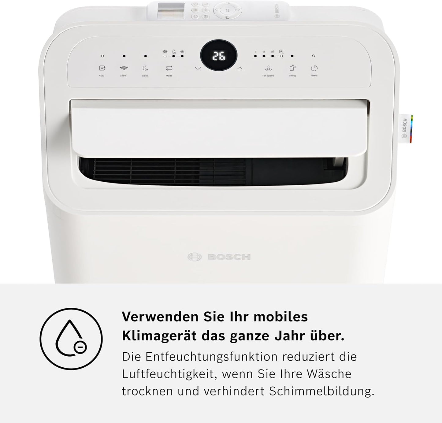 Bosch Cool 2000 Mobiles Klimagerät - 3-in-1: Klimagerät, Luftentfeuchter, Ventilator - 2,6 kW Kühlleistung für Räume bis zu 35m² - Auto-Modus, Silent-Modus & Sleep-Modus