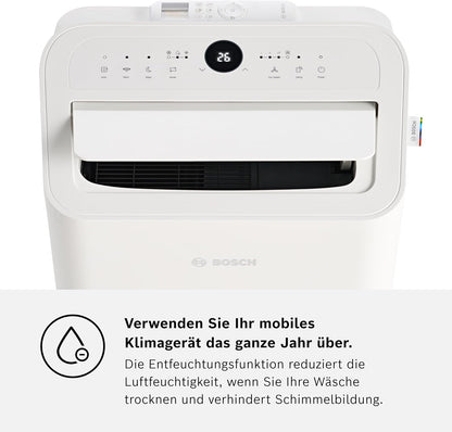 Bosch Cool 2000 Mobiles Klimagerät - 3-in-1: Klimagerät, Luftentfeuchter, Ventilator - 2,6 kW Kühlleistung für Räume bis zu 35m² - Auto-Modus, Silent-Modus & Sleep-Modus