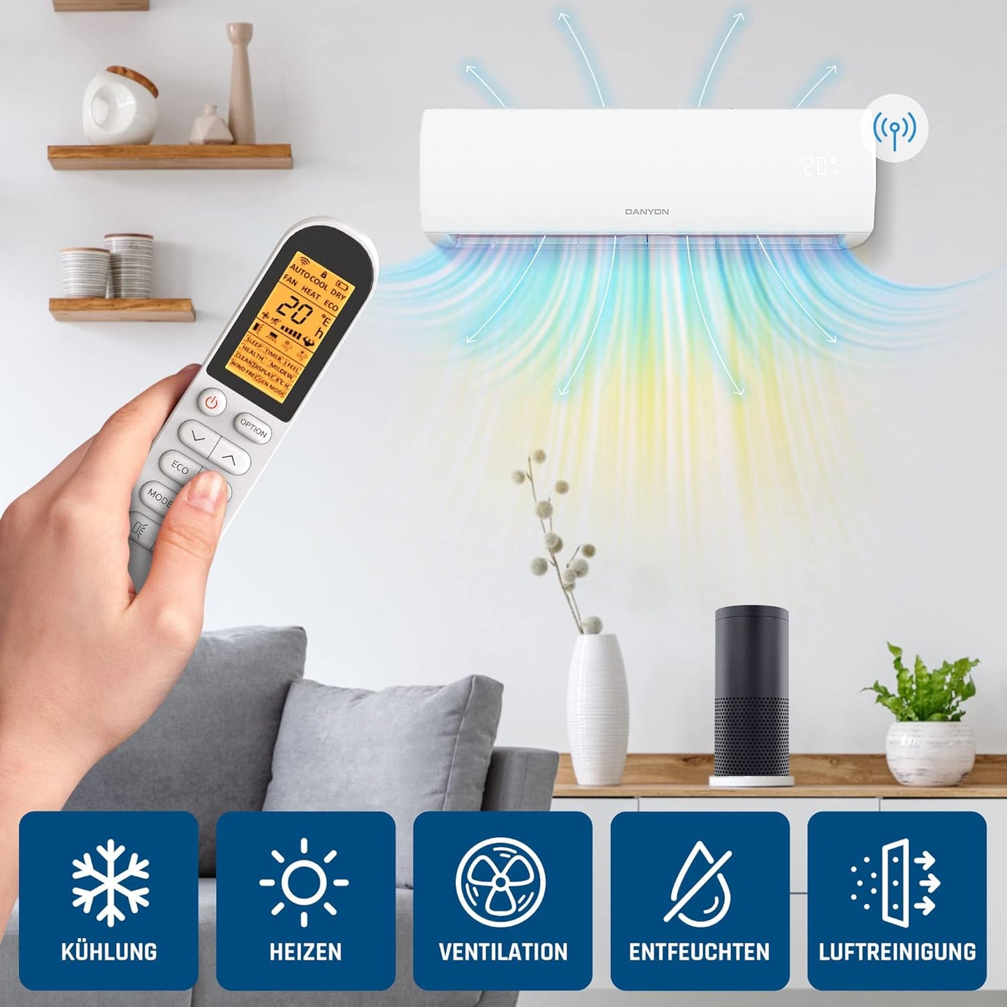 Danyon Klimaanlage Split - 12000 BTU - 3,4 kW, Selbstreinigung, leise, Smart Home, Inverter Klimagerät mit Heizfunktion, Splitgerät vorgefüllt mit R32 Kältemittel, Timer, bis 59 m2, 5m Komplettset