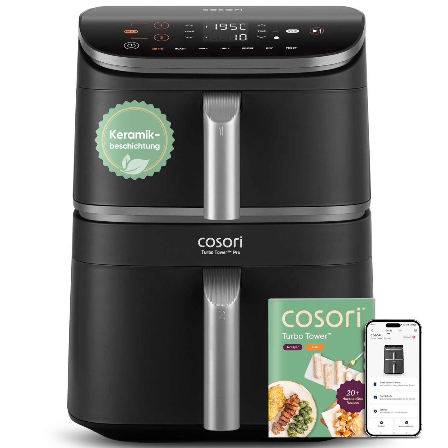 Cosori Turboblaze Airfryer Heißluftfritteuse, 9-in-1 Air Fryer XXL 6L, leiser DC Motor mit 5 Geschwindigkeitsstufen, Grillen, Backen, Gären, Dehydrieren, Tiefkühlen, 87 Rezepte, 64% energiesparend