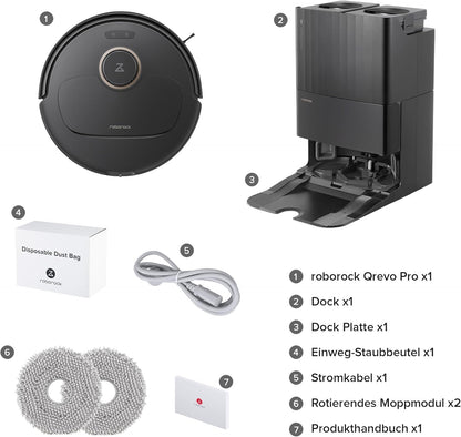 roborock Qrevo Pro Saugroboter mit Wischfunktion&Hebarem Wischmopp, FlexiArm Design Kantenreinigung, 7.000 Pa, 60 °C Heißwasser-Moppwäsche, Individuelle Teppichstrategie(Schwarz)