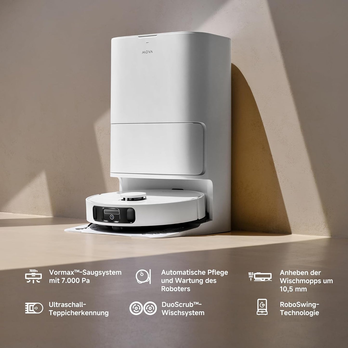 Mova E30 Ultra Roboterstaubsauger und -wischer mit automatischer Entleerung und Selbstreinigung des Wischers, 7.000Pa Saugleistung, 10,5 mm Wischeranhebung, Ultraschall-Teppicherkennung