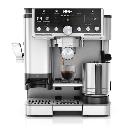 Ninja Luxe Premier 3-in-1-Kaffeemaschine mit Mahlwerk und Aufschäumer für Latte, Cappuccino, Cold Brew & Espresso, einfache Handhabung, 4 Voreinstellungen zum Aufschäumen, Silber, ES601EU