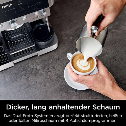 Ninja Luxe Premier 3-in-1-Kaffeemaschine mit Mahlwerk und Aufschäumer für Latte, Cappuccino, Cold Brew & Espresso, einfache Handhabung, 4 Voreinstellungen zum Aufschäumen, Silber, ES601EU