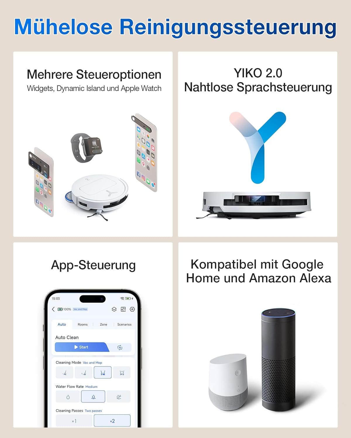 ECOVACS DEEBOT T50 Omni Saugroboter mit Wischfunktion,15.000 Pa, T30 Omni-Upgrade, Ausziehbare Seitenbürste und Mopp, ZeroTangle 2.0, Moppwäsche mit 75°C heißem Wasser, All-in-One Station