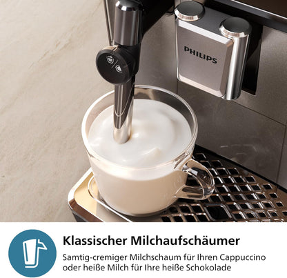 Philips 3300 Series Kaffeevollautomat - 5 Getränke, Intuitives Touch-Display, Klassischer Milchaufschäumer, SilentBrew, 100% Keramikmahlwerk, AquaClean Filter. Schwarzchrom (EP3326/90)