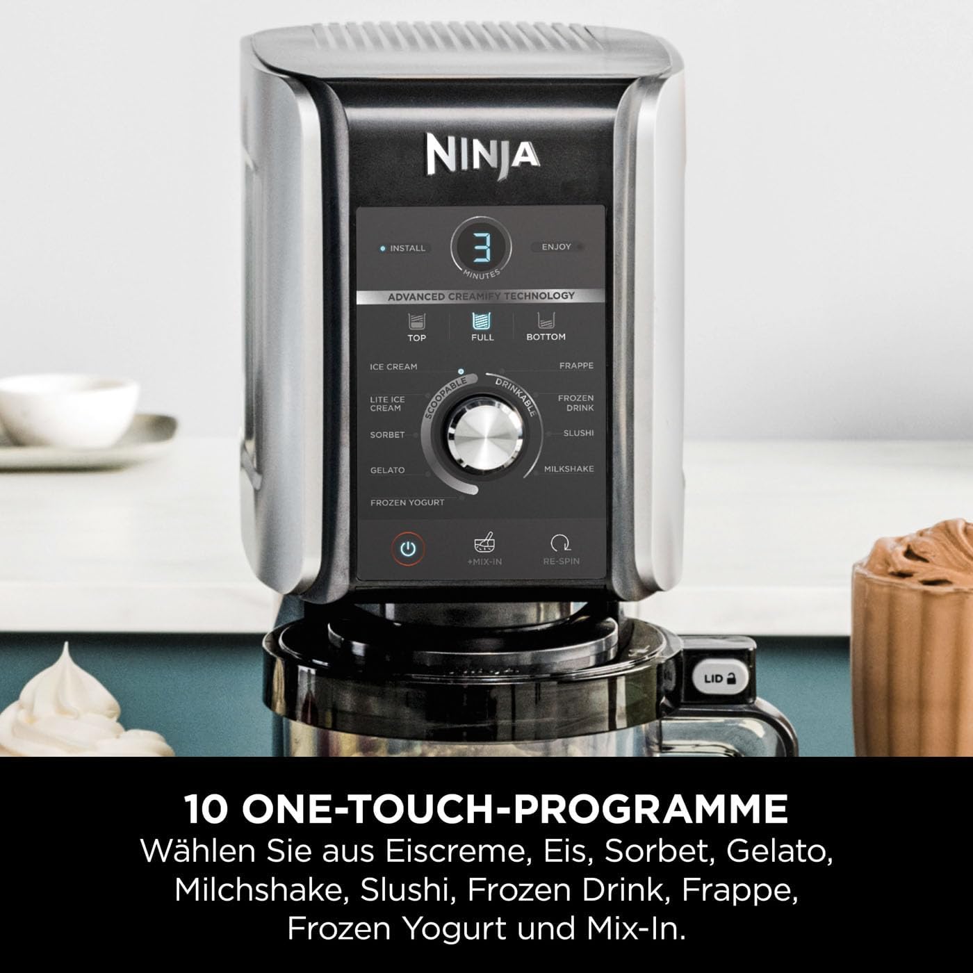 Ninja CREAMi Deluxe Eis-und Eisgetränkmaschine mit 3 Bechern, 10 Funktionen, macht Eiscreme, Gelato, Sorbet, Frozen Yoghurt, Milchshakes, Slushi & mehr, 2-in-1 Geschmacksoption, Silber, NC501EU