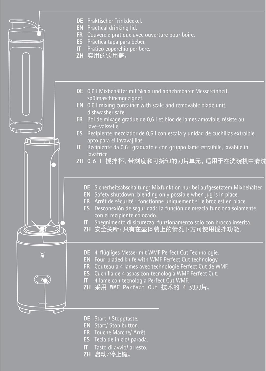 WMF Kult X Mix & Go Mini Smoothie Maker, Standmixer, Blender elektrisch, Shake Mixer 300 Watt Leistung, Tritan-Kunststoff Flasche 600ml, auslaufsicherer Schraubdeckel, rutschfeste Füße, Silber/Schwarz