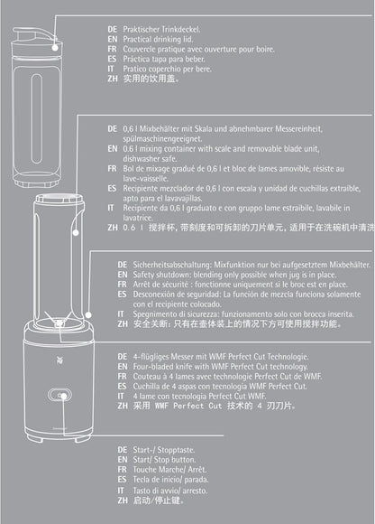 WMF Kult X Mix & Go Mini Smoothie Maker, Standmixer, Blender elektrisch, Shake Mixer 300 Watt Leistung, Tritan-Kunststoff Flasche 600ml, auslaufsicherer Schraubdeckel, rutschfeste Füße, Silber/Schwarz