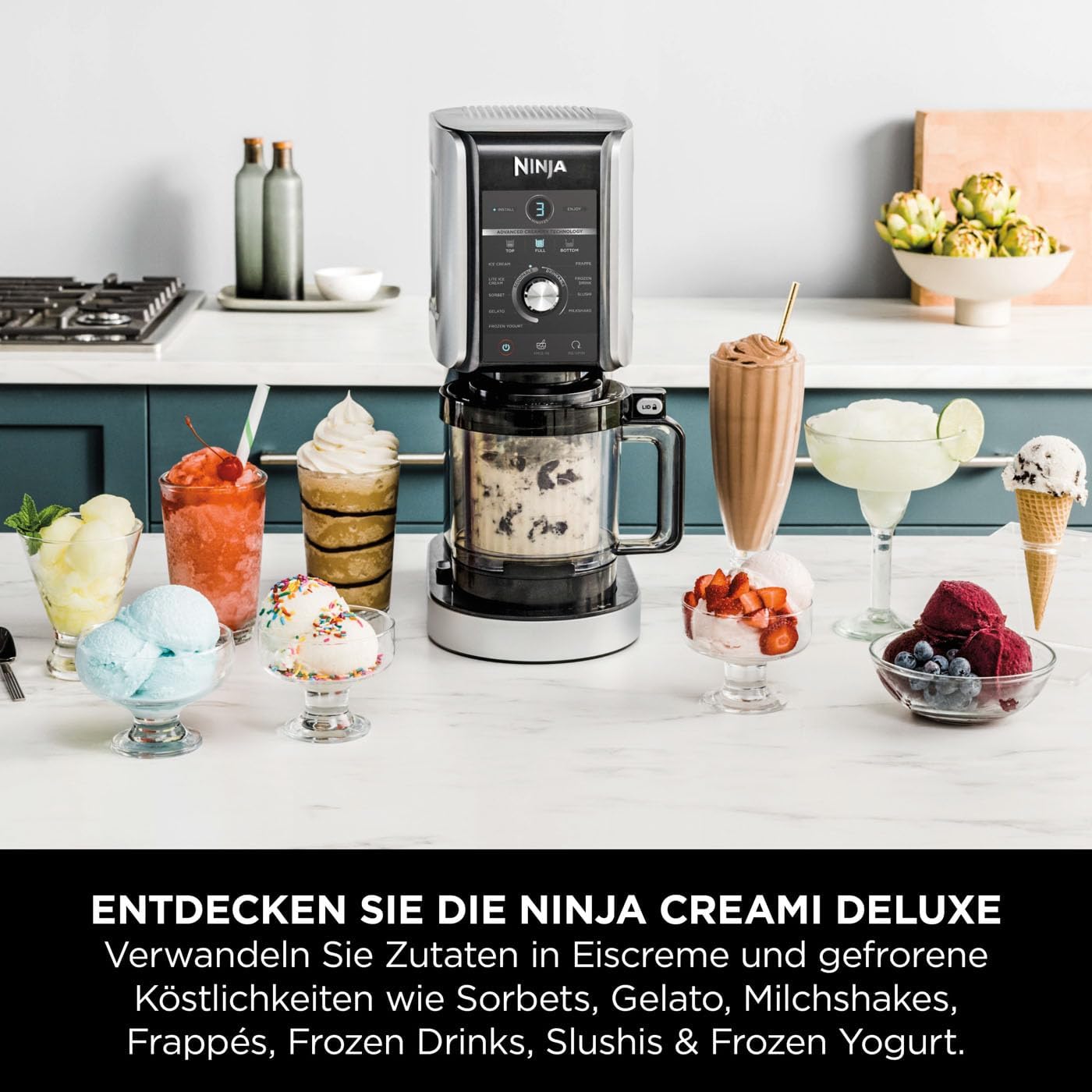 Ninja CREAMi Deluxe Eis-und Eisgetränkmaschine mit 3 Bechern, 10 Funktionen, macht Eiscreme, Gelato, Sorbet, Frozen Yoghurt, Milchshakes, Slushi & mehr, 2-in-1 Geschmacksoption, Silber, NC501EU