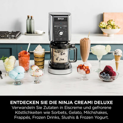 Ninja CREAMi Deluxe Eis-und Eisgetränkmaschine mit 3 Bechern, 10 Funktionen, macht Eiscreme, Gelato, Sorbet, Frozen Yoghurt, Milchshakes, Slushi & mehr, 2-in-1 Geschmacksoption, Silber, NC501EU