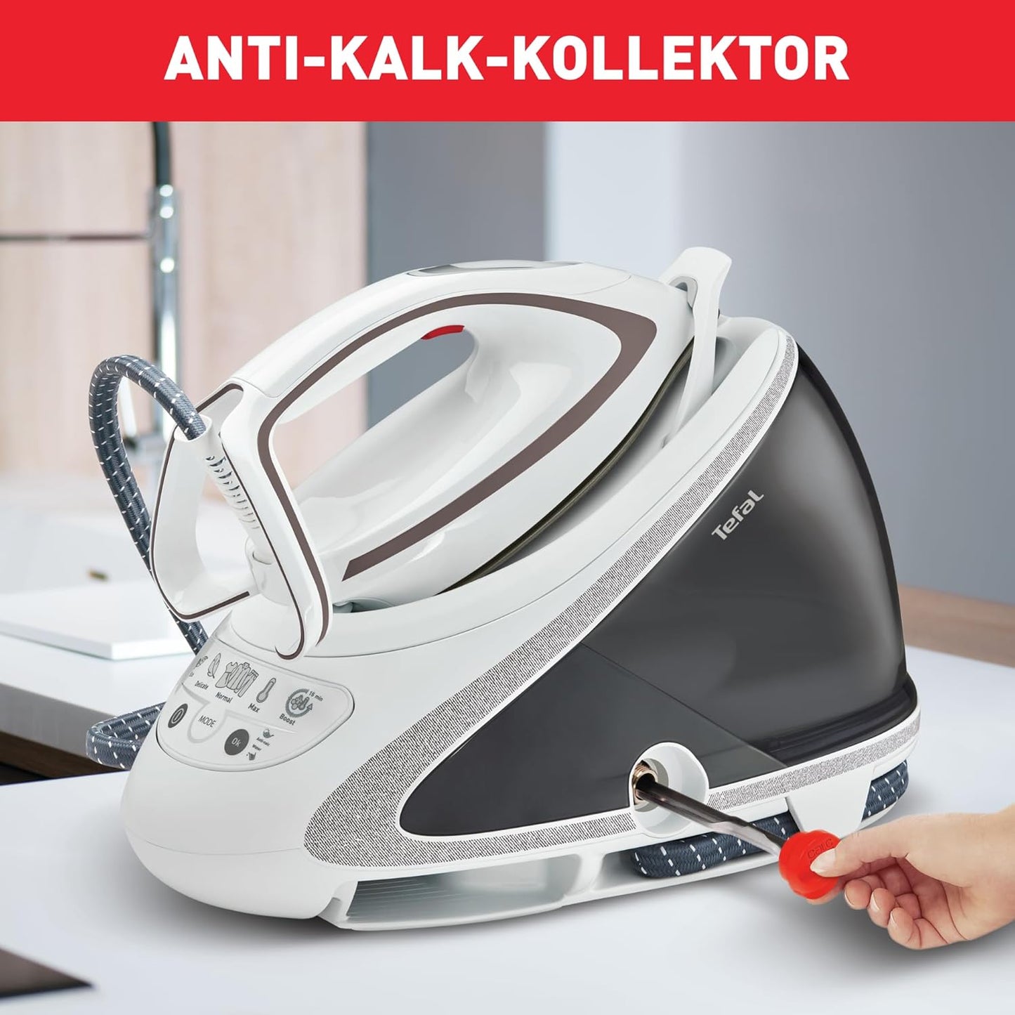 Tefal Dampfbügelstation Pro Express Ultimate, 7,7 Bar, 155 g/Min. Kontinuierlicher Dampf, 500 g/Min. Extra-Dampfstoß, 2600 Watt, Kalk-Kollektor, Bügeleisen Dampfstation, weiß/grau, GV9567
