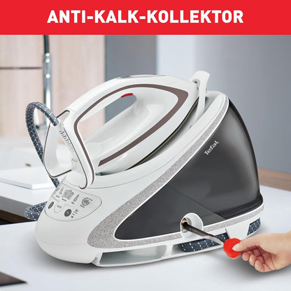 Tefal Dampfbügelstation Pro Express Ultimate, 7,7 Bar, 155 g/Min. Kontinuierlicher Dampf, 500 g/Min. Extra-Dampfstoß, 2600 Watt, Kalk-Kollektor, Bügeleisen Dampfstation, weiß/grau, GV9567