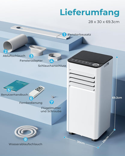 Mobile Klimaanlage 9000 BTU mit Abluftschlauch | 4-in-1 Mobiles Klimagerät | Leiser Betrieb <48 dB | Digitaldisplay + Fernbedienung | Fenster-Installationsset | 24h-Timer | Für Räume bis 25 m²