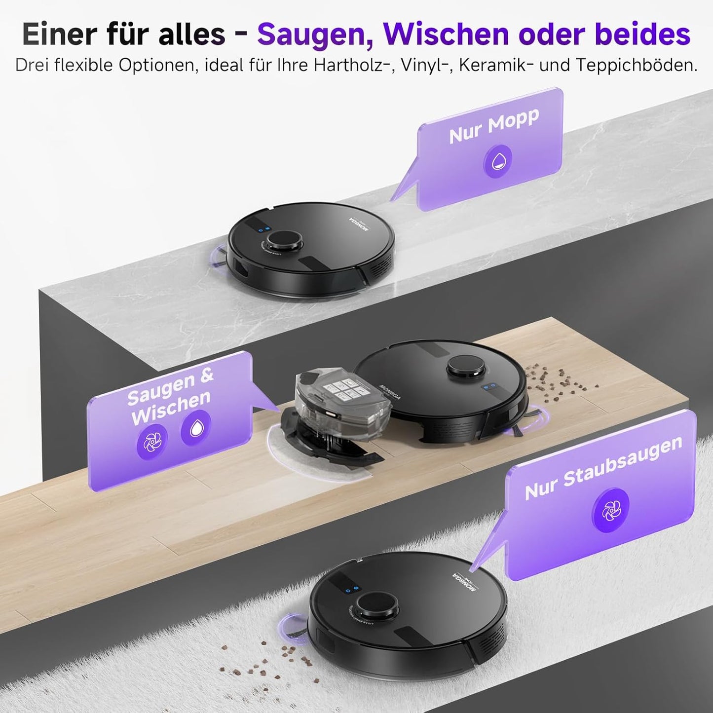 MONSGA Saugroboter mit Wischfunktion, 3.5L Staubsauger Roboter mit Absaugstation, 5000Pa Saugkraft, 180Min Laufzeit, LiDAR Navigation, Starke Saugkraft ideal für Teppich und Tierhaare, APP Steuerung