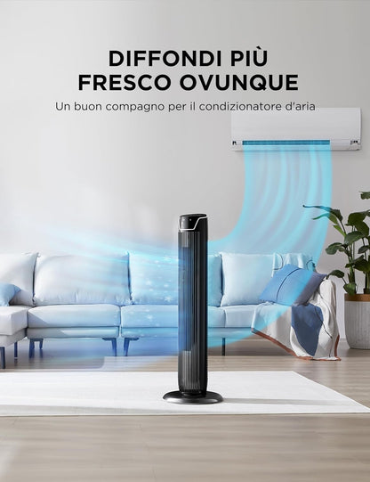 Midea FZ10-17JR Turmventilator Leise mit Fernbedienung 92CM, mobiler Lüfter,Ventilator Säulenventilator,7 Stunden Timer,3 Modi,3 Geschwindigkeiten,45W Standventilator,Schwarz