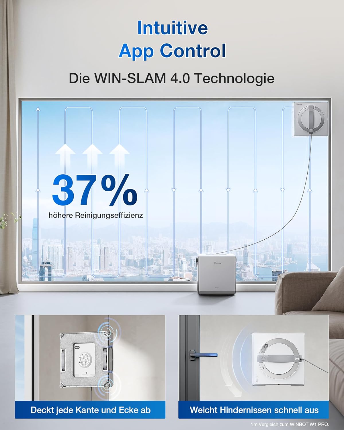 ECOVACS WINBOT W2 PRO Omni Fensterputzroboter mit 6-in-1 Multifunktionsstation, Aufladen im Betrieb, 3-Düsen-Sprühkopf, 12-Stufen-Schutz, Win-SLAM 4.0 Pfadplanung, Weiß