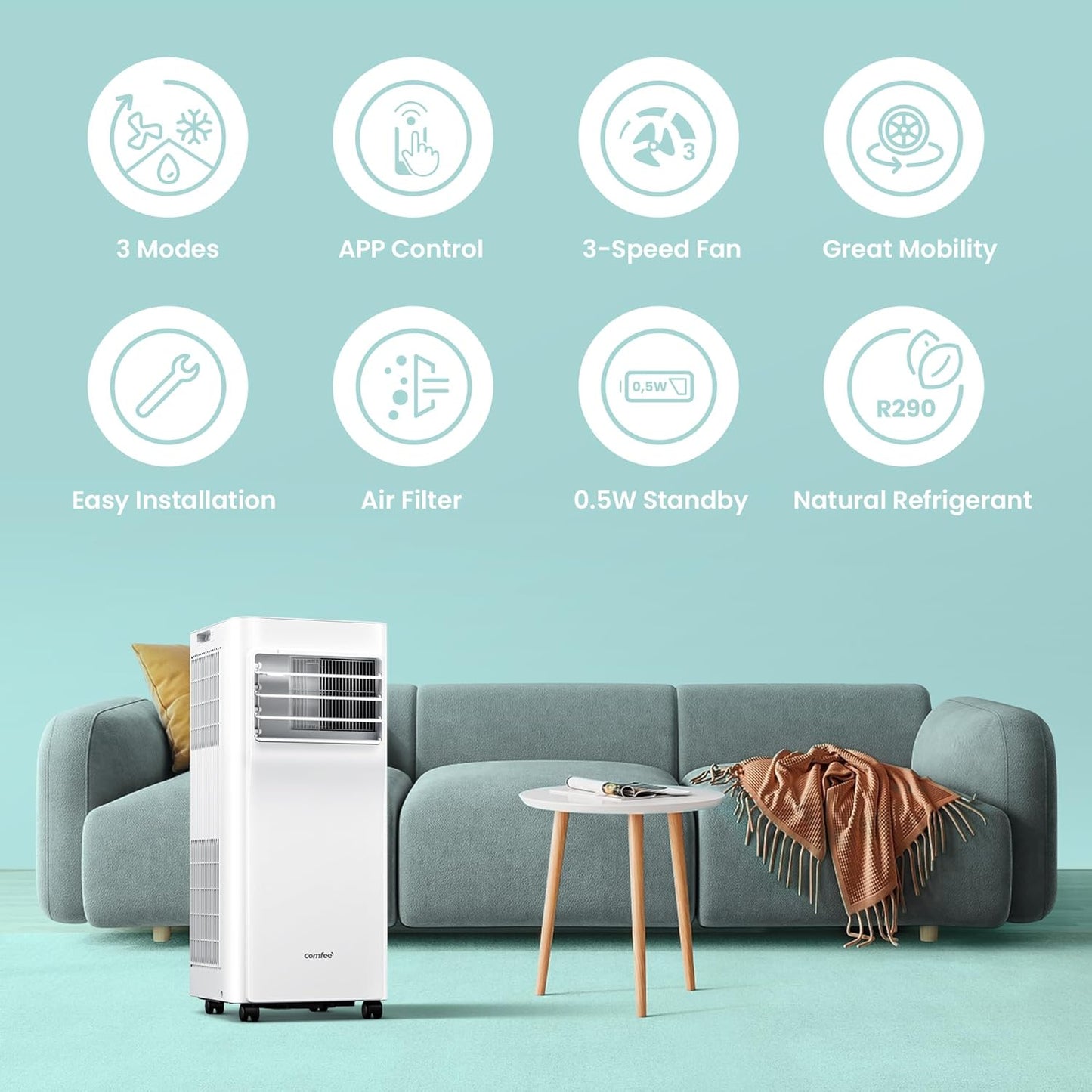 Comfee Mobiles Klimagerät Breezy Cool Pro 2.0,7000 BTU 2,0kW, Kühlen&Ventilieren&Entfeuchten,APP-Steuerung,Raumgröße bis 68m³(25㎡)，Mobile Klimaanlage mit Abluftschlauch,