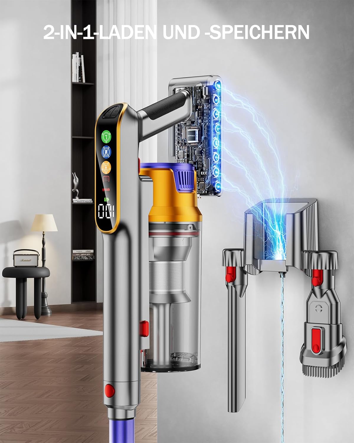 AOLOKO Akku Staubsauger, 48000Pa/550W/70Mins Staubsauger Kabellos mit 1,8L Großer Staubbecher, Wandmontierte Ladestation, 8-stufiges Filtersystem, Grünes Licht für Hartböden Teppiche Tierhaare