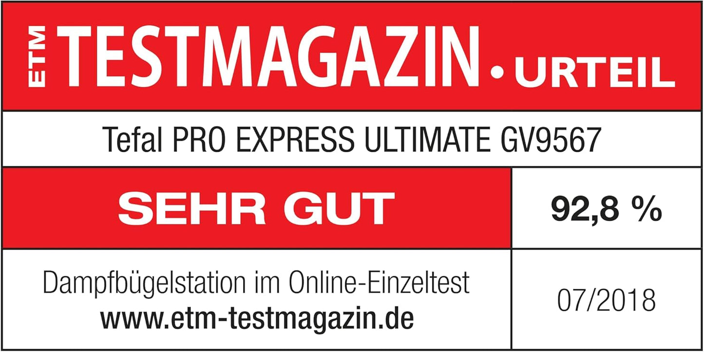 Tefal Dampfbügelstation Pro Express Ultimate, 7,7 Bar, 155 g/Min. Kontinuierlicher Dampf, 500 g/Min. Extra-Dampfstoß, 2600 Watt, Kalk-Kollektor, Bügeleisen Dampfstation, weiß/grau, GV9567