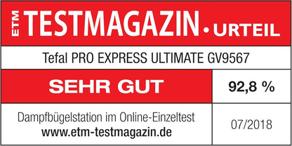 Tefal Dampfbügelstation Pro Express Ultimate, 7,7 Bar, 155 g/Min. Kontinuierlicher Dampf, 500 g/Min. Extra-Dampfstoß, 2600 Watt, Kalk-Kollektor, Bügeleisen Dampfstation, weiß/grau, GV9567