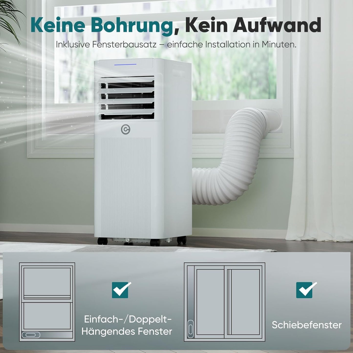 Klimaanlage Mobil 9000 BTU, 3-in-1 Mobile Klimaanlage mit Abluftschlauch,Kühlen,Entfeuchten, Luftzirkulation, LED Display&Fernbedienung, 24h-Timer, Leise&Energieeffizient, Für Räume bis zu 88 m³(33㎡)