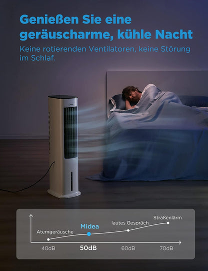 Midea 4-in-1 Mobile Klimaanlage ohne Abluftschlauch | Turmventilator mit Wasserkühlung & Luftbefeuchter | | Luftkühler mobil mit 5L Wassertank, 355m³/h Luftstrom, Ionisation, Fernbedienung (55W, Weiß)