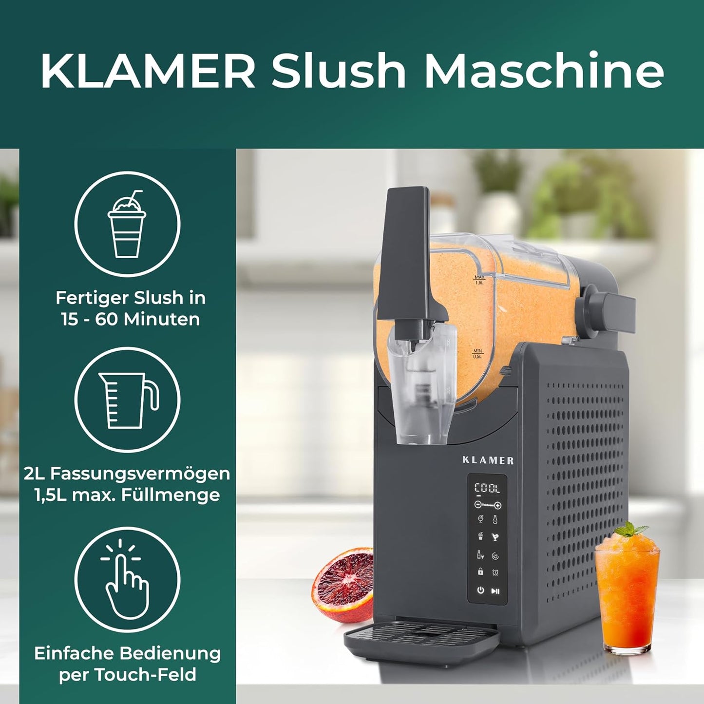 KLAMER Slush Maschine, mit 5 smarten Programmen: Slushie, Cocktail, Milchshake, Frappé, Wein, Automatische Reinigung, 2L Fassungsvolumen, Turbo Freeze, kein Eis erforderlich, mit digitalem Rezeptbuch
