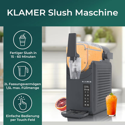 KLAMER Slush Maschine, mit 5 smarten Programmen: Slushie, Cocktail, Milchshake, Frappé, Wein, Automatische Reinigung, 2L Fassungsvolumen, Turbo Freeze, kein Eis erforderlich, mit digitalem Rezeptbuch